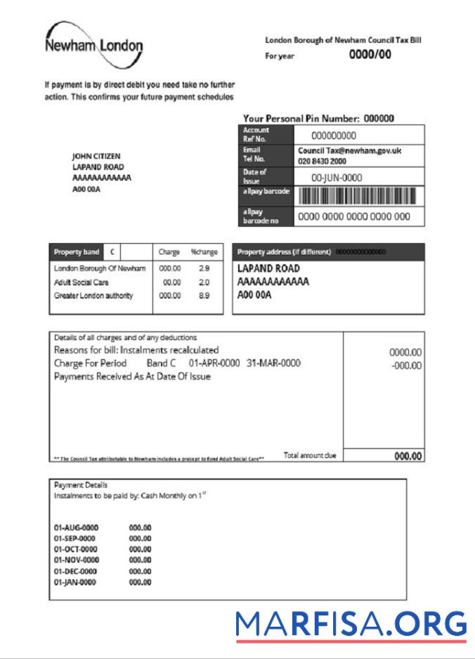 Blank United Kingdom London of Borough of Newham council tax bill template in Word and PDF format